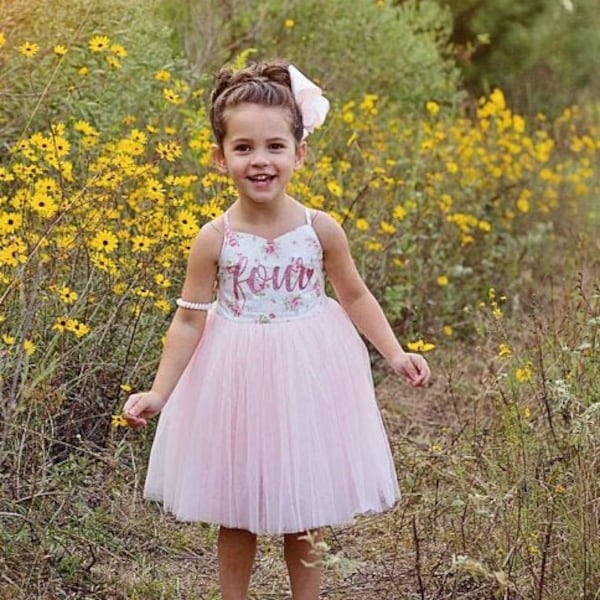 4th Birthday Dress, 4 Year Old Birthday Outfit, Flower Girl Dress, Birthday Dress Pink Tutu, Girl Birthday Dress Pink Flowers Tutu