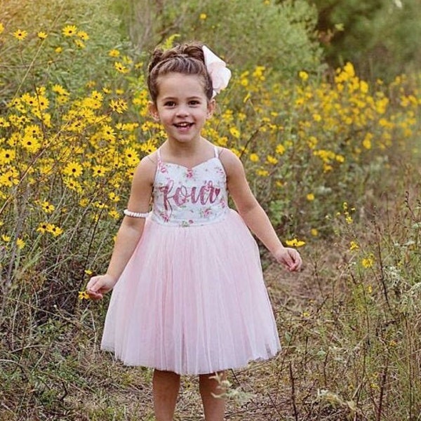 4th Birthday Dress, 4 Year Old Birthday Outfit, Flower Girl Dress, Birthday Dress Pink Tutu, Girl Birthday Dress Pink Flowers Tutu