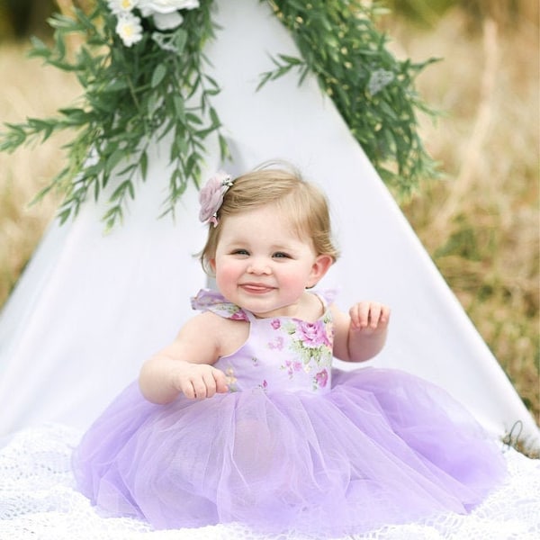 Birthday Dress, Cake Smash Outfit, Flower Girl Dress, Birthday Dress Tutu, Girl First Birthday Dress Pink Purple Flowers Tutu