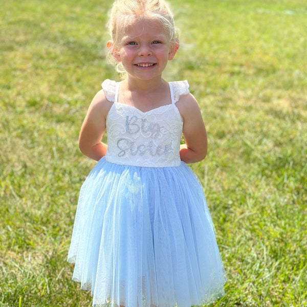 Big Sister Blue & White Dress, Big Sister Outfit, Big Sister Announcement, Toddler Big Sister, Big Sister Gift, Big Sister Girl tutu Dress