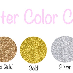 Op de afbeelding: Glitterkleurenkaart met vijf verschillende kleuren: ros&eacute; goud, oud goud, goud, zilver en champagne.