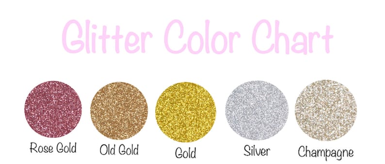 Op de afbeelding: Glitterkleurenkaart met vijf verschillende kleuren: ros&eacute; goud, oud goud, goud, zilver en champagne.