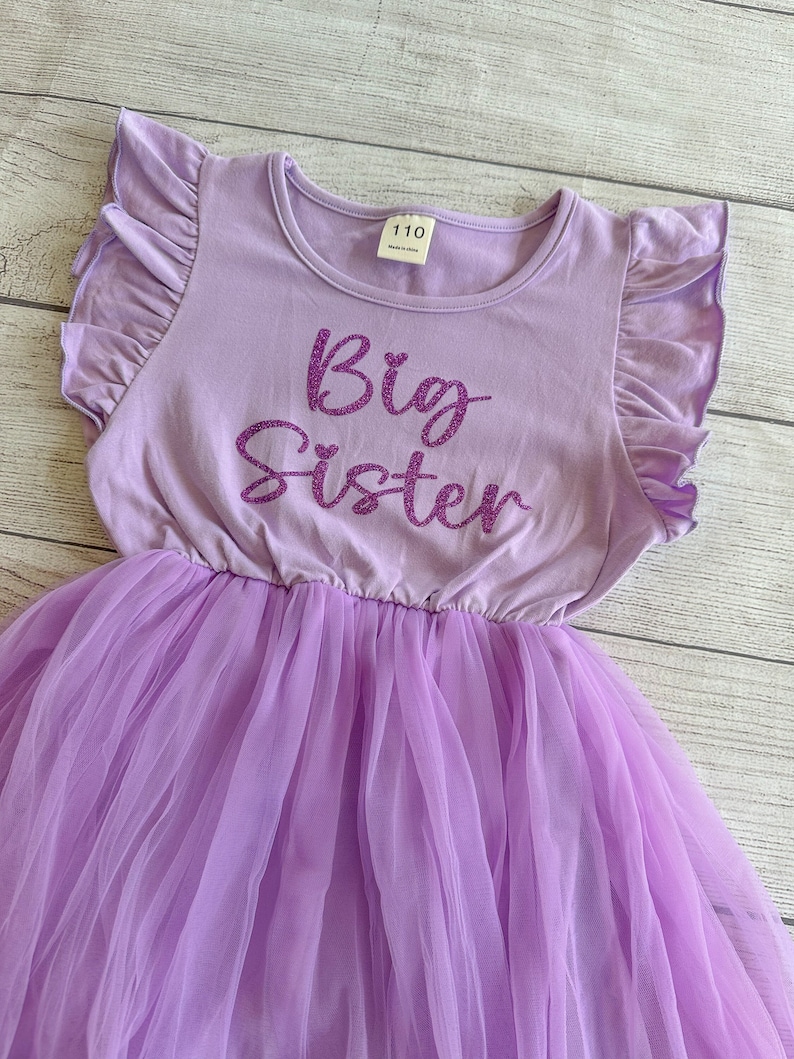 May include: A lavender tulle dress with a purple short-sleeved shirt that says "Big Sister" in sparkly purple letters.