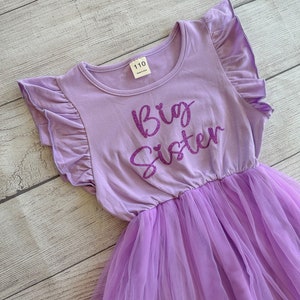 May include: A purple tulle dress with a purple short-sleeved shirt overlay. The shirt has a glittery purple inscription that says "Big Sister".