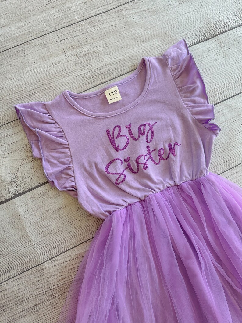May include: A purple tulle dress with a purple short-sleeved shirt overlay. The shirt has a glittery purple inscription that says "Big Sister".