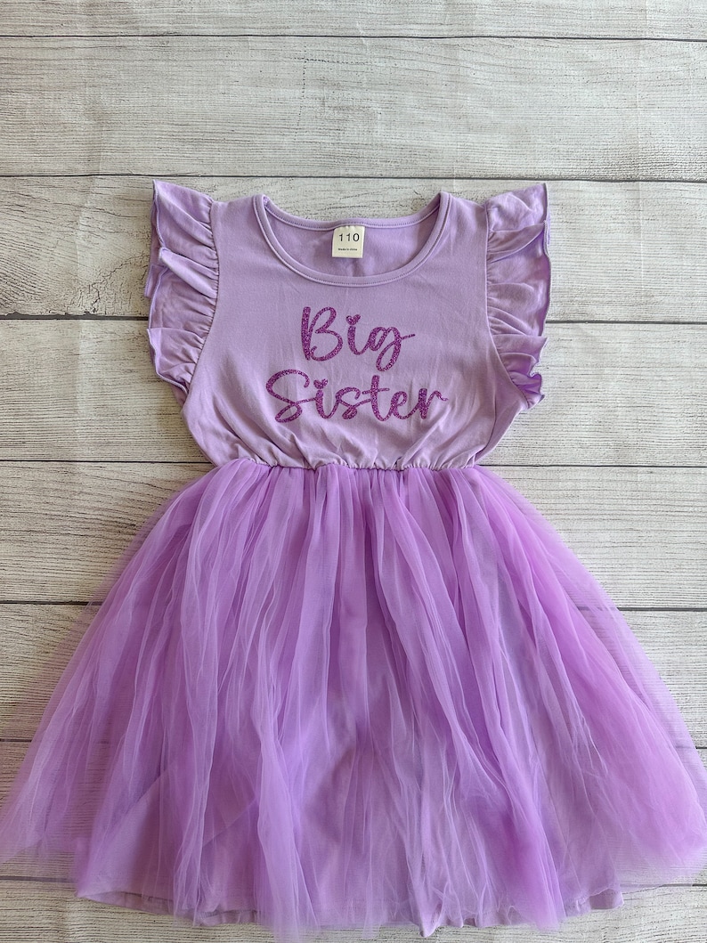 May include: Purple tulle dress with a purple short-sleeved shirt overlay. The shirt has a ruffled neckline and the text "Big Sister" in sparkly purple letters.