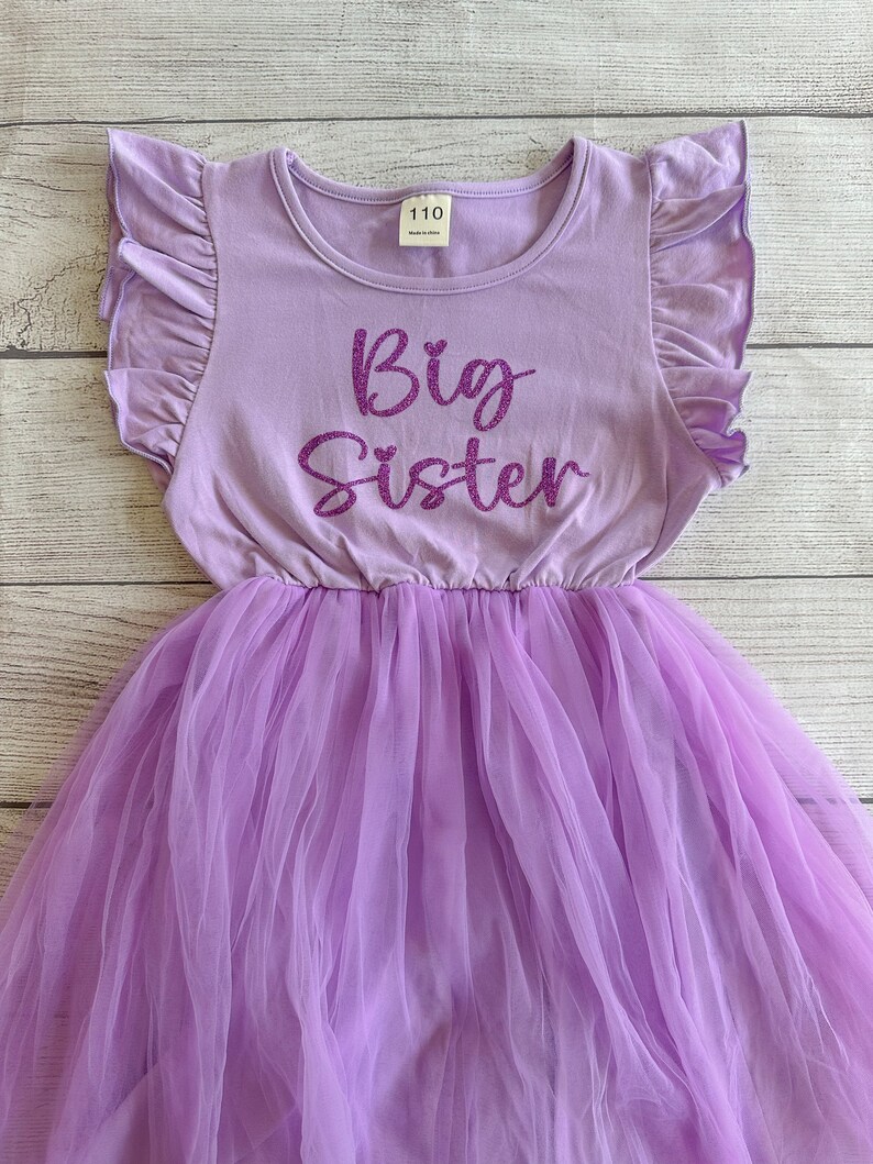May include: A purple tulle tutu dress with a lavender short-sleeved shirt that says "Big Sister" in sparkly pink letters.