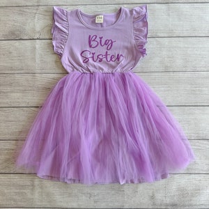 May include: A purple tulle dress with a purple short-sleeved shirt top. The shirt has the words "Big Sister" in sparkly purple letters.