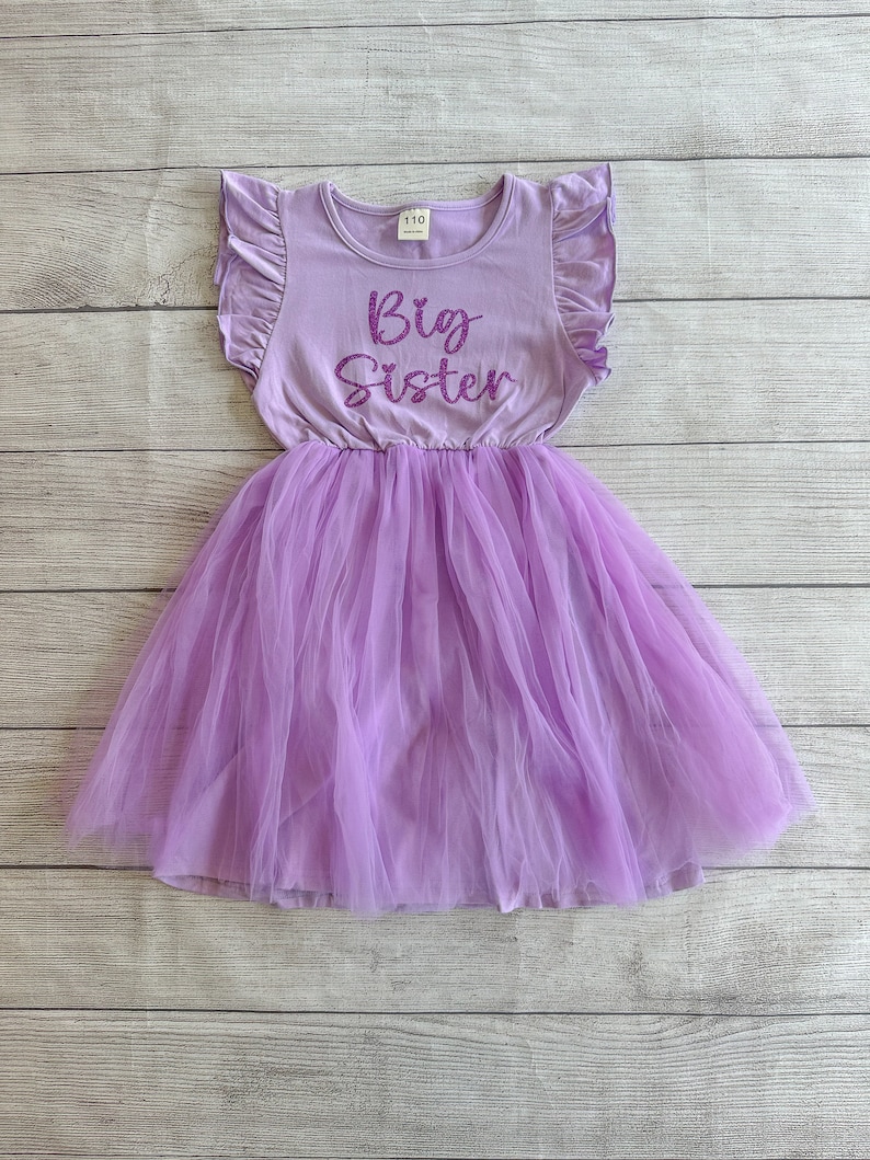 May include: A purple tulle dress with a purple short-sleeved shirt top. The shirt has the words "Big Sister" in sparkly purple letters.