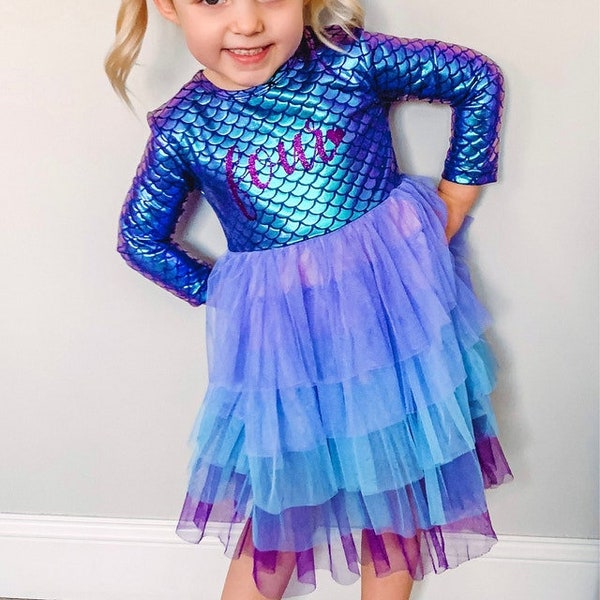 4th Mermaid Birthday Dress, Toddler Dress, Long Sleeve Tutu Dress, Girl Party Dress, Wedding Dress, Purple Tutu Dress, Purple Birthday Dress