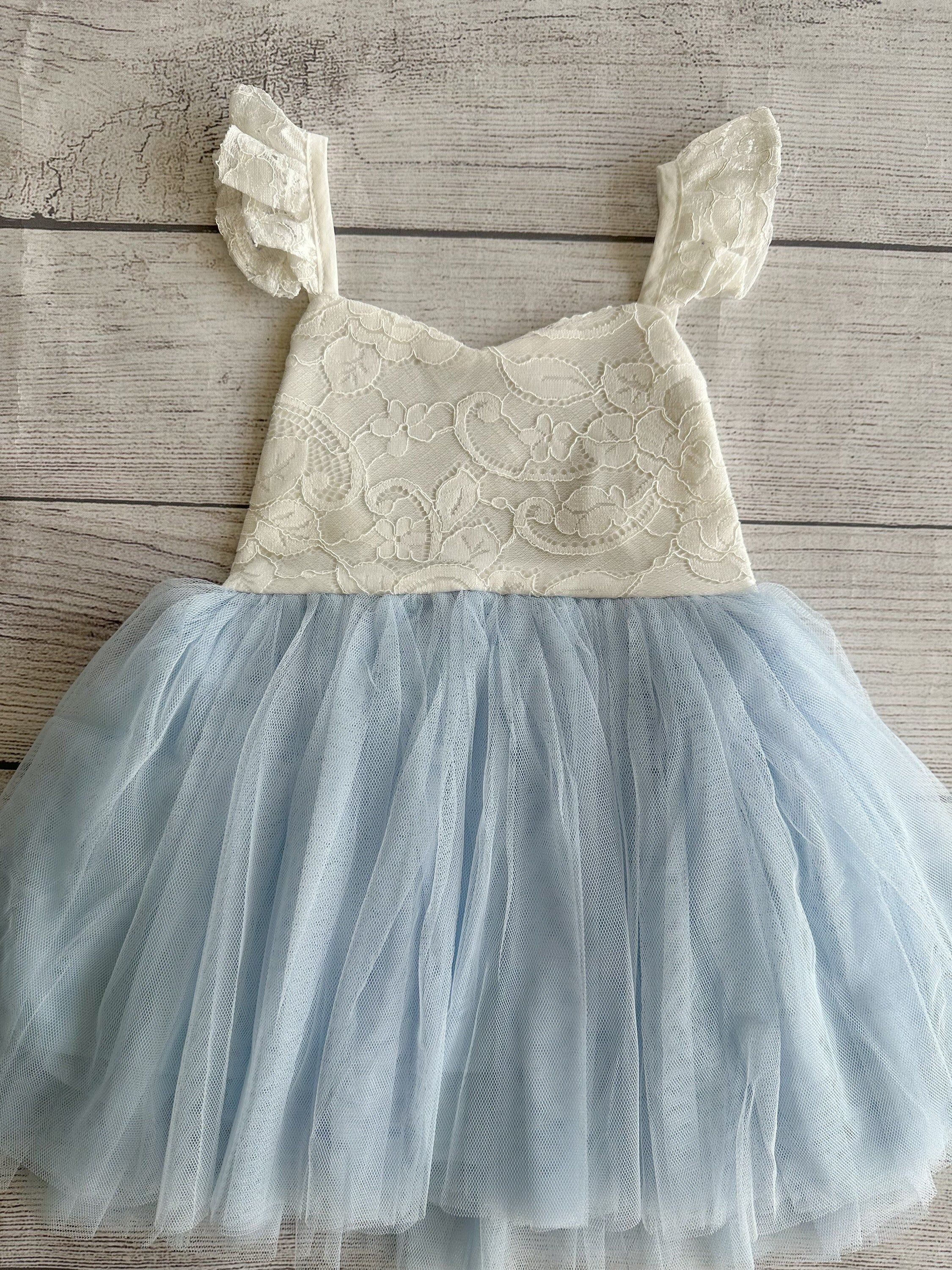 White and Light Blue Baby Dress, Cake Smash Outfit, Flower Girl Dress, Birthday Dress Tutu, Girl First Birthday Dress, White Lace Dress