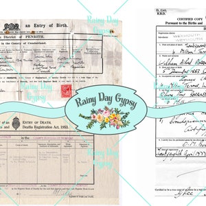 Certidão de óbito britânica vintage de 1977, certidão de nascimento de 1883, certidão de óbito de 1958