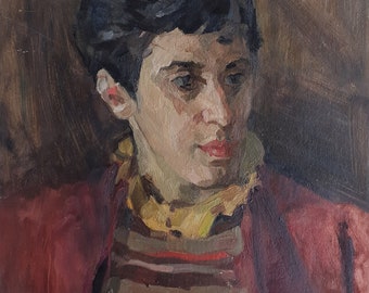 May include: A painting of a person with short dark hair wearing a red jacket over a striped shirt with a yellow collar.