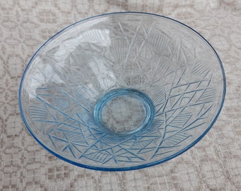 Vintage light blue glass serving bowl, bowl with geometrical pattern, fruit serving bowl, retro candy bowl