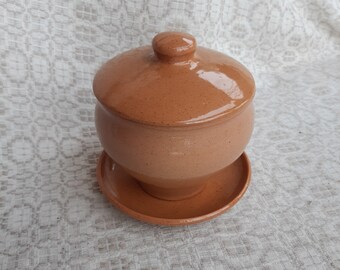 Juego de cuencos para guisar de cerámica marrón claro con aspecto vintage con tapa y plato, juego de cazuela vintage, cuenco para sopa vintage