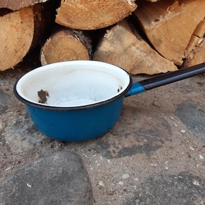 Antique small shabby blue enameled cooking pot with handle, old USSR enamelware, vintage metal cooking pot, farmhouse kitchen, kitchen pot