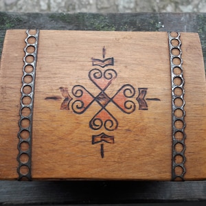 Vintage small wooden trinket box with engraved symbols and metal accents on lid, vintage wooden box, jewelry box, storage box