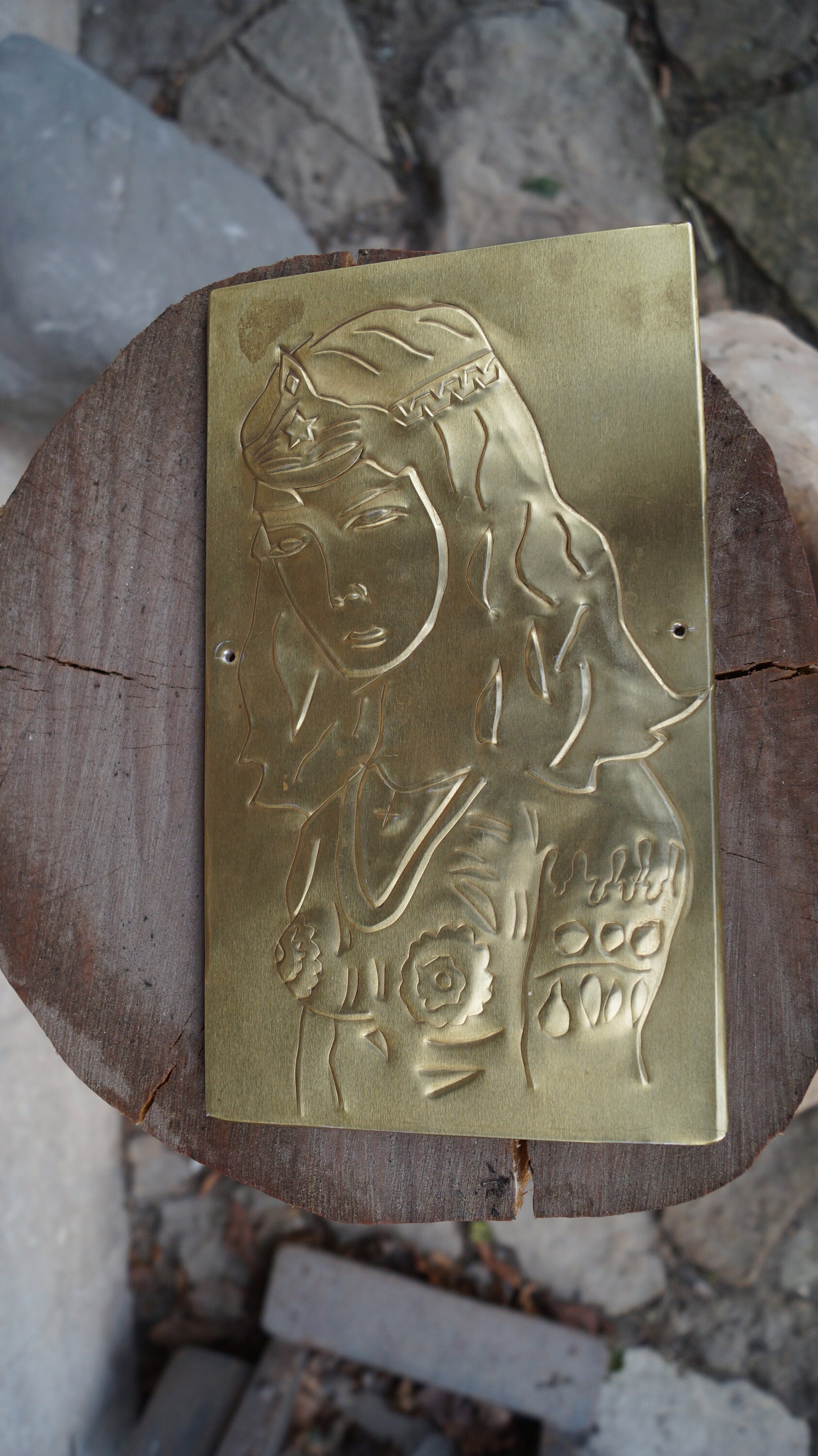 Vintage golden color wall decor with girl, metal embossed wall decor, copper wall hanging, embossed picture with girl, copper plaque