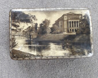 Vintage greyscale metal box with lid illustrated with Latvian National opera, antique illustrated metal box, tin box, storage box