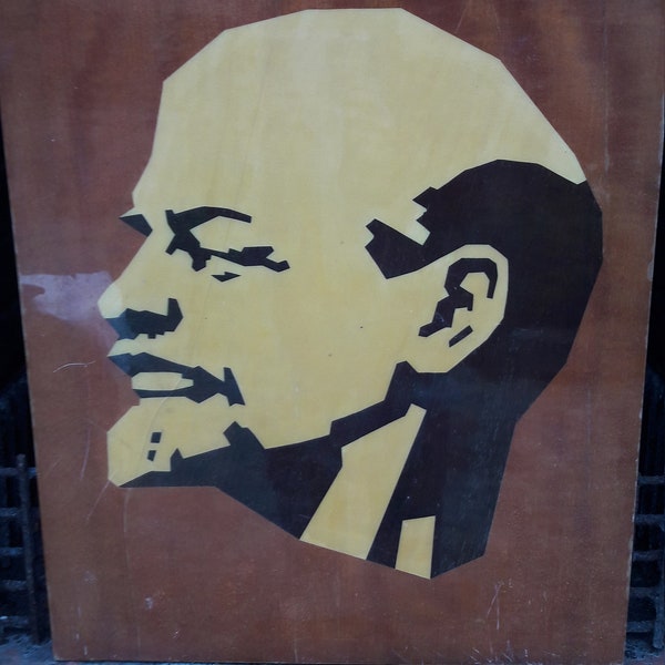 Großes sowjetisches Vintage Wandbehang lackiertes Bild mit dem Symbol von Lenin auf Furnier, antikes Wandbild, Bild mit erstem lenin