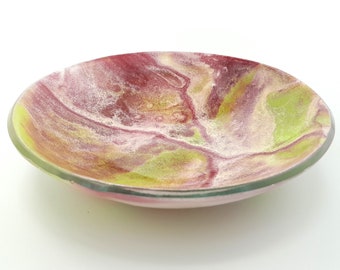 Fused glass bowl, pink, green and white, round dish