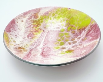 Fused glass bowl, pink, green and white, round dish