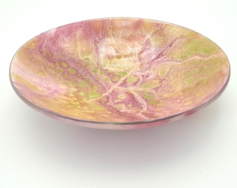 Fused glass bowl, pink, green and white, round dish