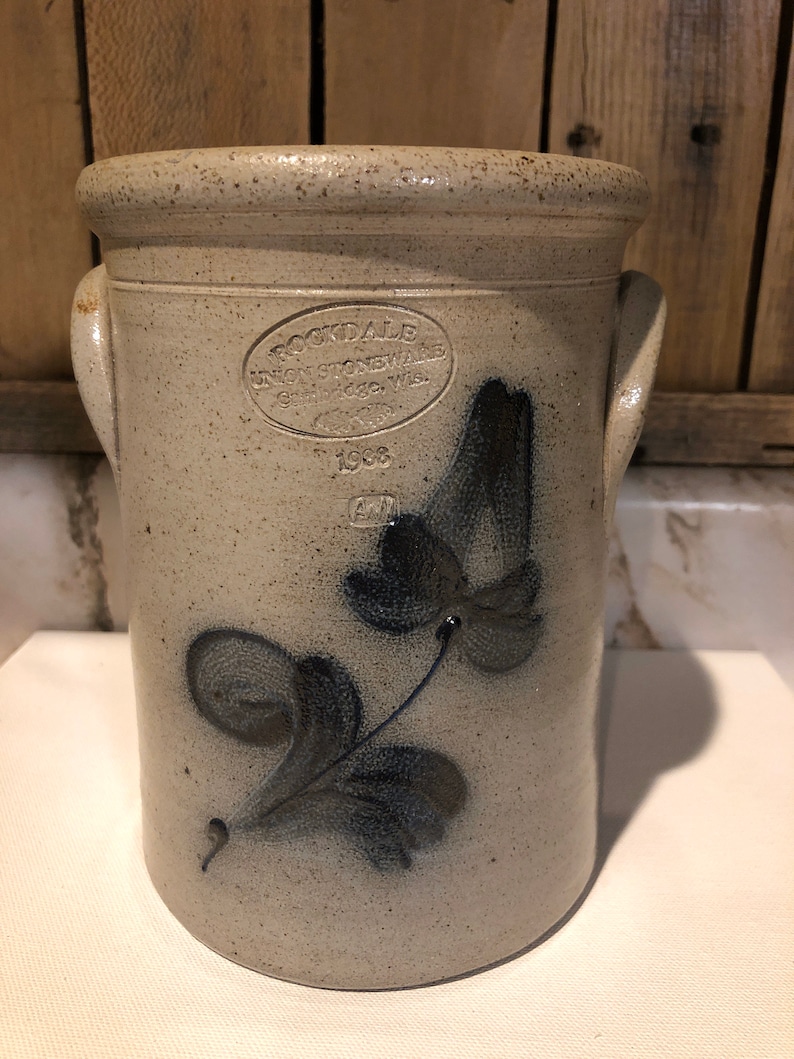 Vintage Rockdale Salt Glazed Union Stoneware Pottery Hand painted blue
