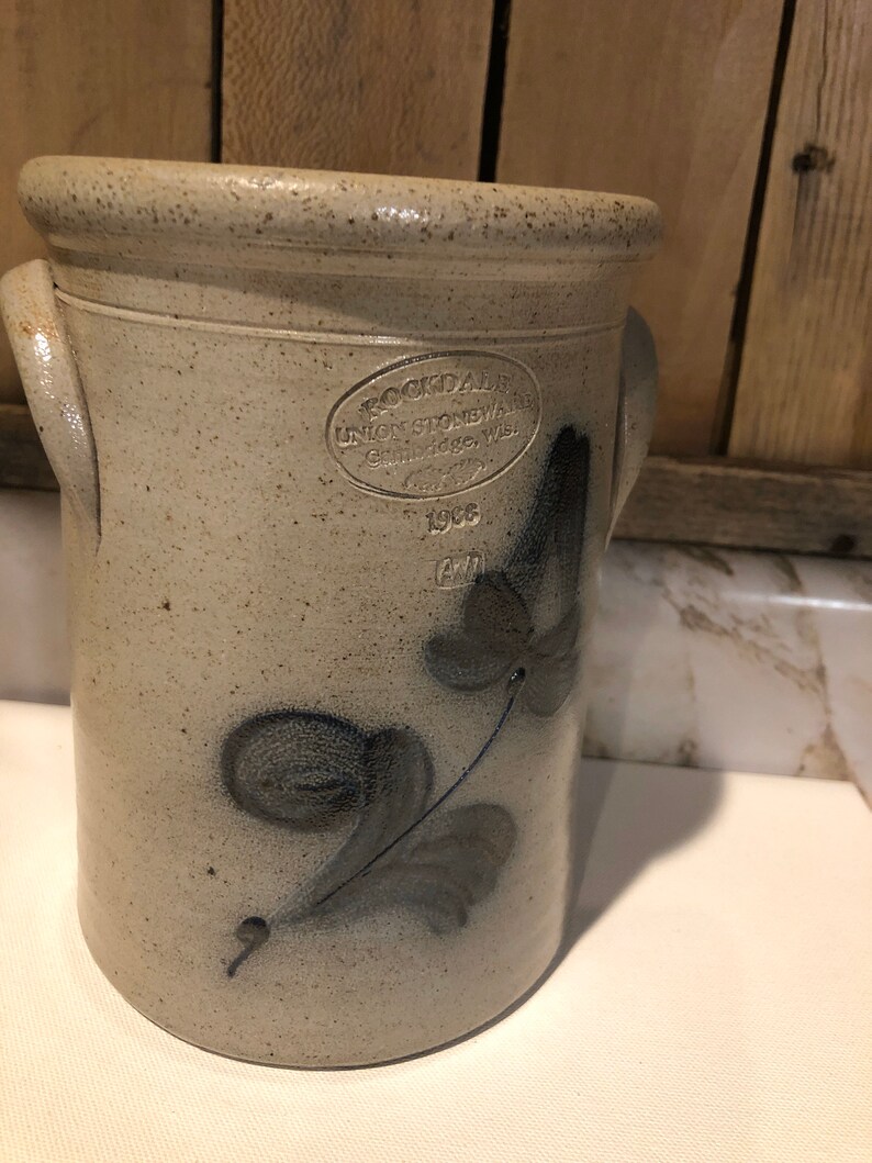 Vintage Rockdale Salt Glazed Union Stoneware Pottery Hand painted blue