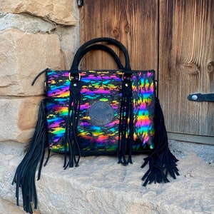 Neon, hair on hide, black and rainbow, cowhide purse