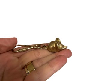 Vintage Messing Maus Schlüsselanhänger | Skurril Tier Schlüsselanhänger | Kleiner goldfarbener Taschenanhänger