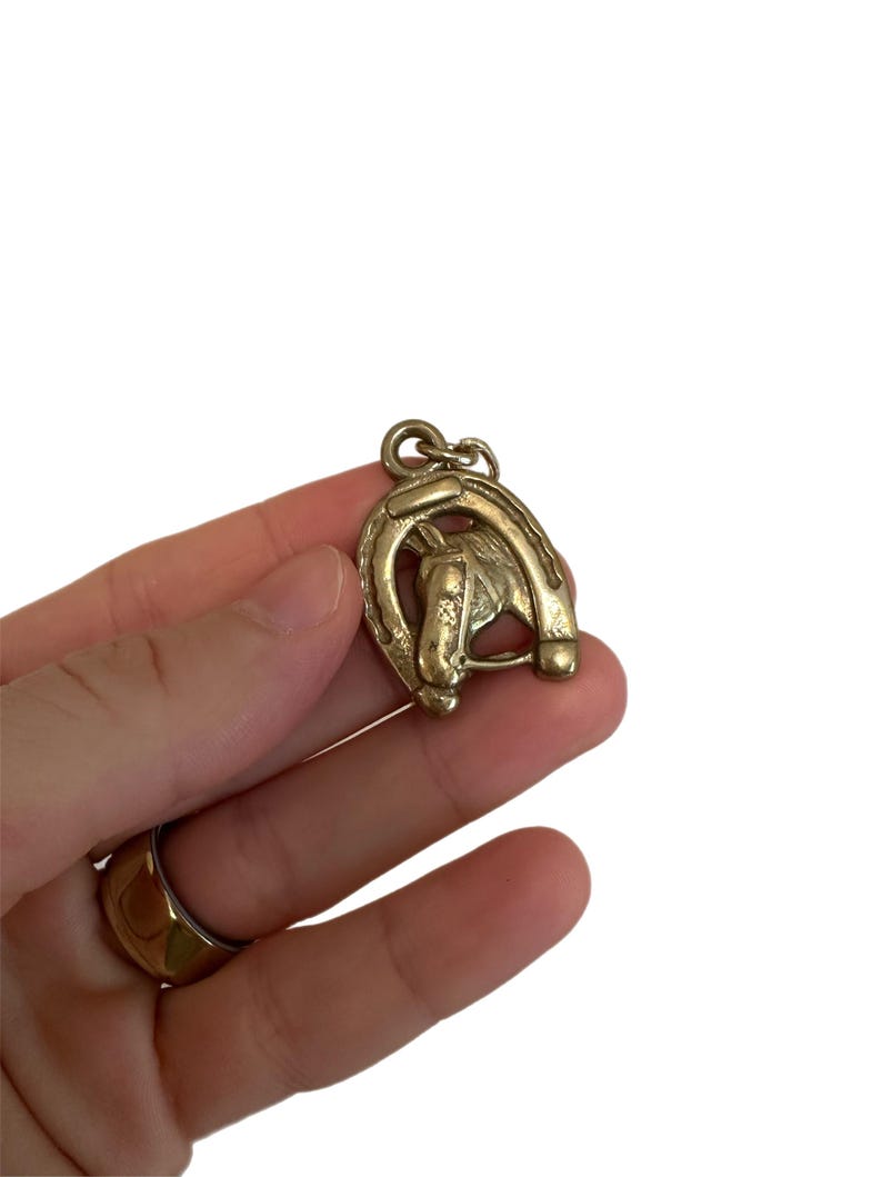 May include: A gold-colored metal pendant featuring a horseshoe and a horse head. The pendant is detailed with a textured finish and a loop for attaching to a chain or bracelet. The design is a classic equestrian theme.