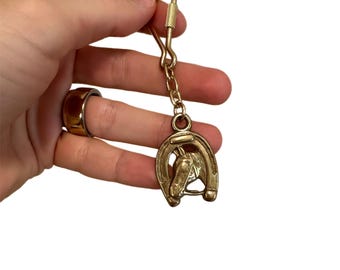 Vintage Brass Horse Keychain - Horseshoe Charm  - Equestrian Keychain