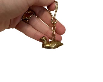 Vintage Messing Ente Schlüsselbund | Skurril Vogel Schlüsselanhänger | Gold Ton Tier Taschenanhänger