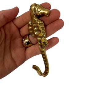 May include: A brass seahorse-shaped hook. The hook is a golden color and has a textured surface. The seahorse has a curved tail and is held in a hand.