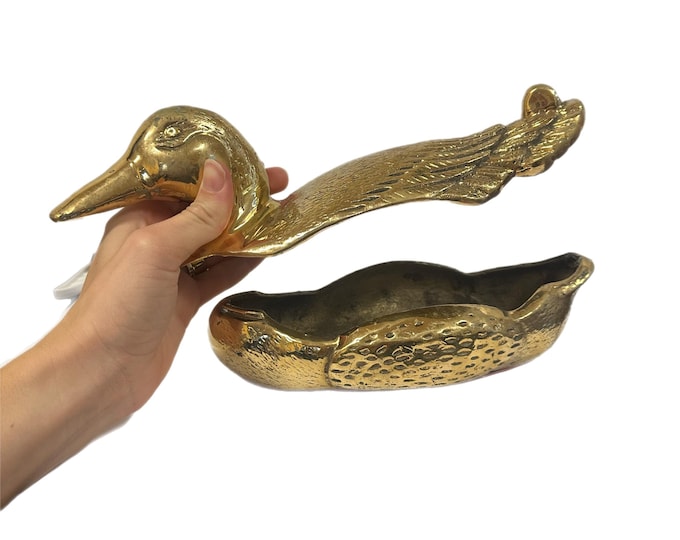 Vintage Brass Duck Trinket Box – Mid Century Waterfowl Decor, 11"
