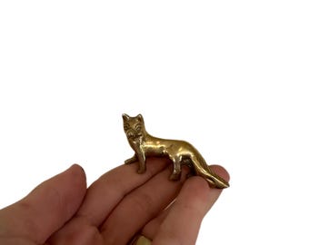 Solid Brass Fox Figurine | Small Golden Woodland Animal Statue | Mid Century Decor