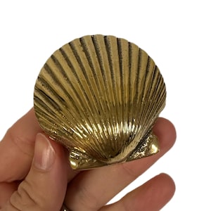 May include: A decorative golden brass seashell. The shell has detailed ridges radiating from the centre. The object is held against a white background.