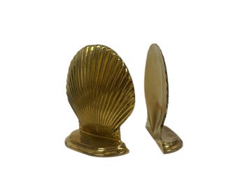 Vintage Brass Scallop Shell Bookends | Nautical Coastal Decor, Beach House Shelf Styling