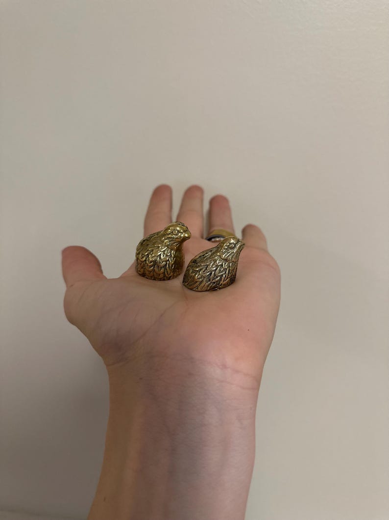 May include: Two brass bird-shaped rings, each with detailed feather textures, are displayed. The rings are held in a hand against a neutral background. The rings are likely for jewelry.