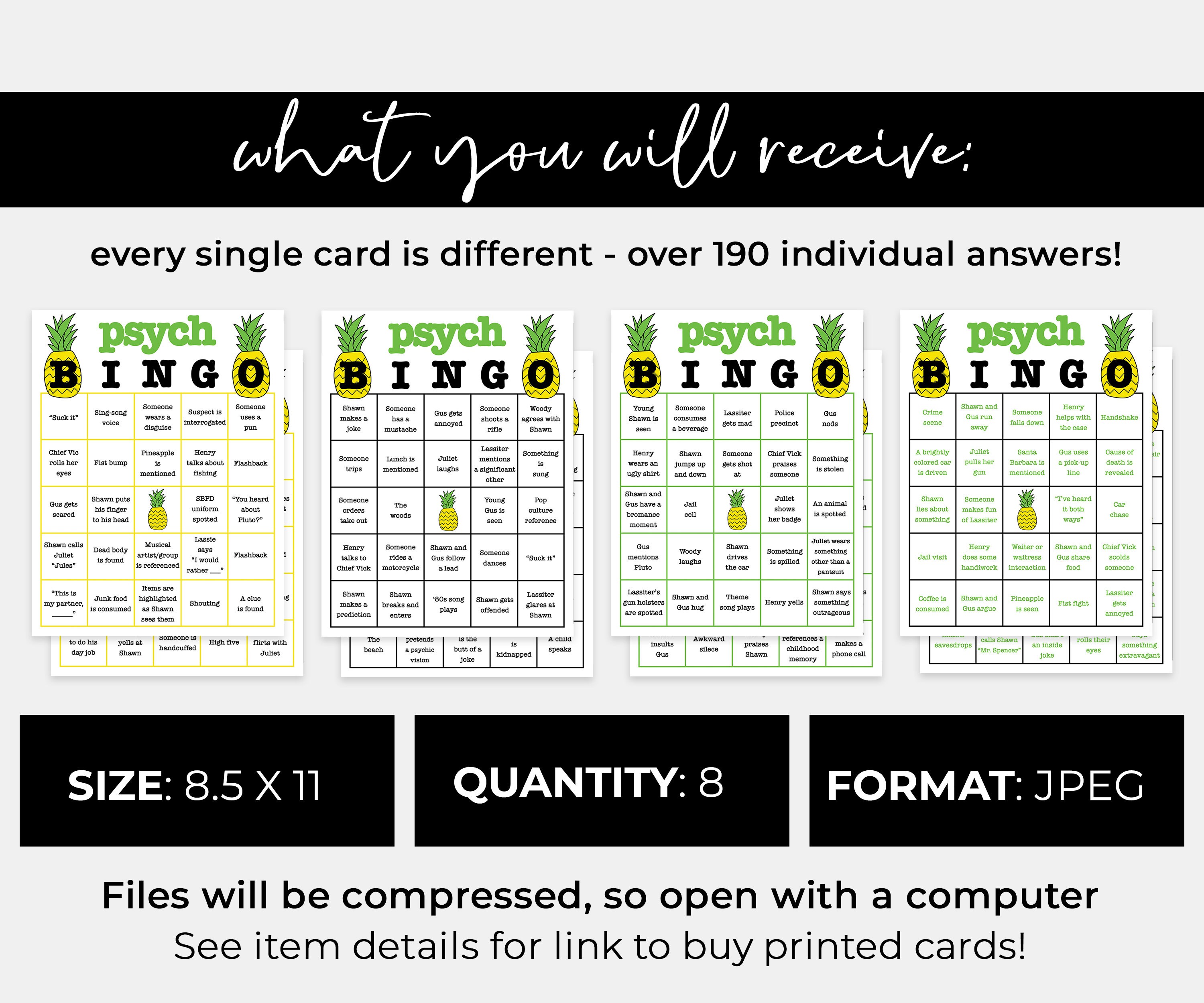 DIGITAL Psych TV Show Bingo (set of 8) Printable Instant Download ...