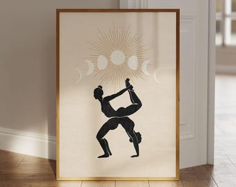 Póster de yoga, arte mural de yoga, mural de yoga, impresión artística de mujer yoga, decoración de sala de yoga para el hogar, decoración de pared espiritual, póster de luna