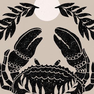 May include: Black and white illustration of a crab with a white circle above it. The crab is surrounded by black leaves.