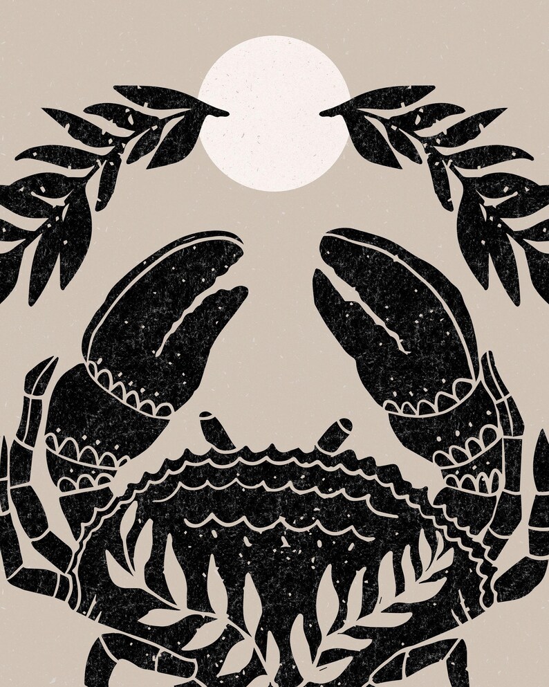 May include: Black and white illustration of a crab with a white circle above it. The crab is surrounded by black leaves.