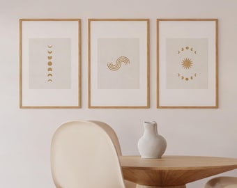 Beige Moon Poster, Minimalist Beige Poster Set of 3, Gold Moon Wall Decoration, Moon Phases Decoration, Spiritual Wall Art Beige Gold