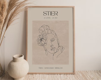 Stier Sternzeichen Poster, Astrologie Horoskop Kunstdruck, Linienkunst Wanddruck, Himmlische Wandkunst, Geburtstag, Geschenk Freundin