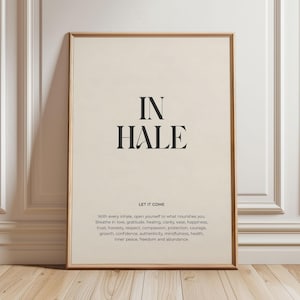 Pôster Inhale, Pôster Mindfulness, Arte de parede digital com citações minimalistas, Decoração espiritual, Arte de parede com citações positivas, Pôster de ditados