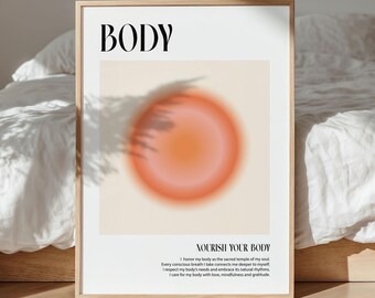Póster de aura degradado, póster de cuerpo, mente y alma, arte mural espiritual, póster de energía aura, arte mural rojo naranja, póster naranja aura