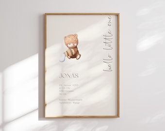 Watercolor birth poster "Hello Little One", poster personalized with name and date of birth, zodiac poster, name poster