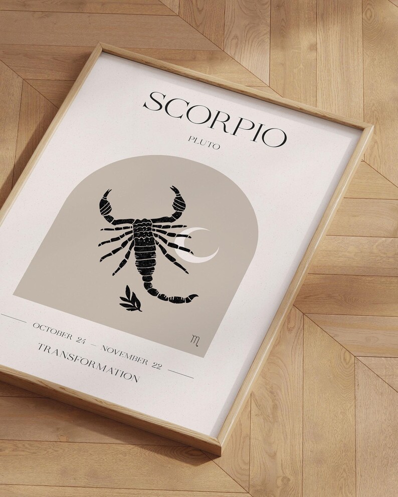 Puede incluir: Un p&oacute;ster imprimible beige y blanco con una ilustraci&oacute;n de escorpi&oacute;n negro. El p&oacute;ster presenta el texto "Scorpio", "Pluto", "October 24 - November 22", "Transformation" y el s&iacute;mbolo astrol&oacute;gico de Escorpio.